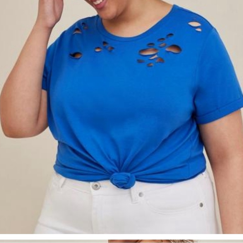 Torrid Relaxed Fit Cotton Poly Jersey Crewneck Destructed Roll Sleeve Tee sz 1X